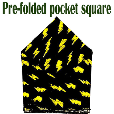 Black Fabric with yellow lightning bolts with rock n roll printed on. In our pre-folded pocket square.  The pocket square is  25cm x 25cm, pre-folded so just pop it straight in your breast pocket. Handmade from 100% Cotton
