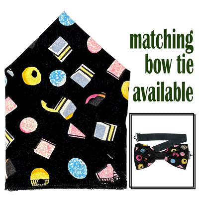 Great retro design with liquorice all sorts design on our handmade pre-tied bow tie & pre-folded pocket square.  The bow tie is on a sliding ribbon to easily place and attach. The pocket square is pre-folded for your pocket. Handmade from 100% cotton
