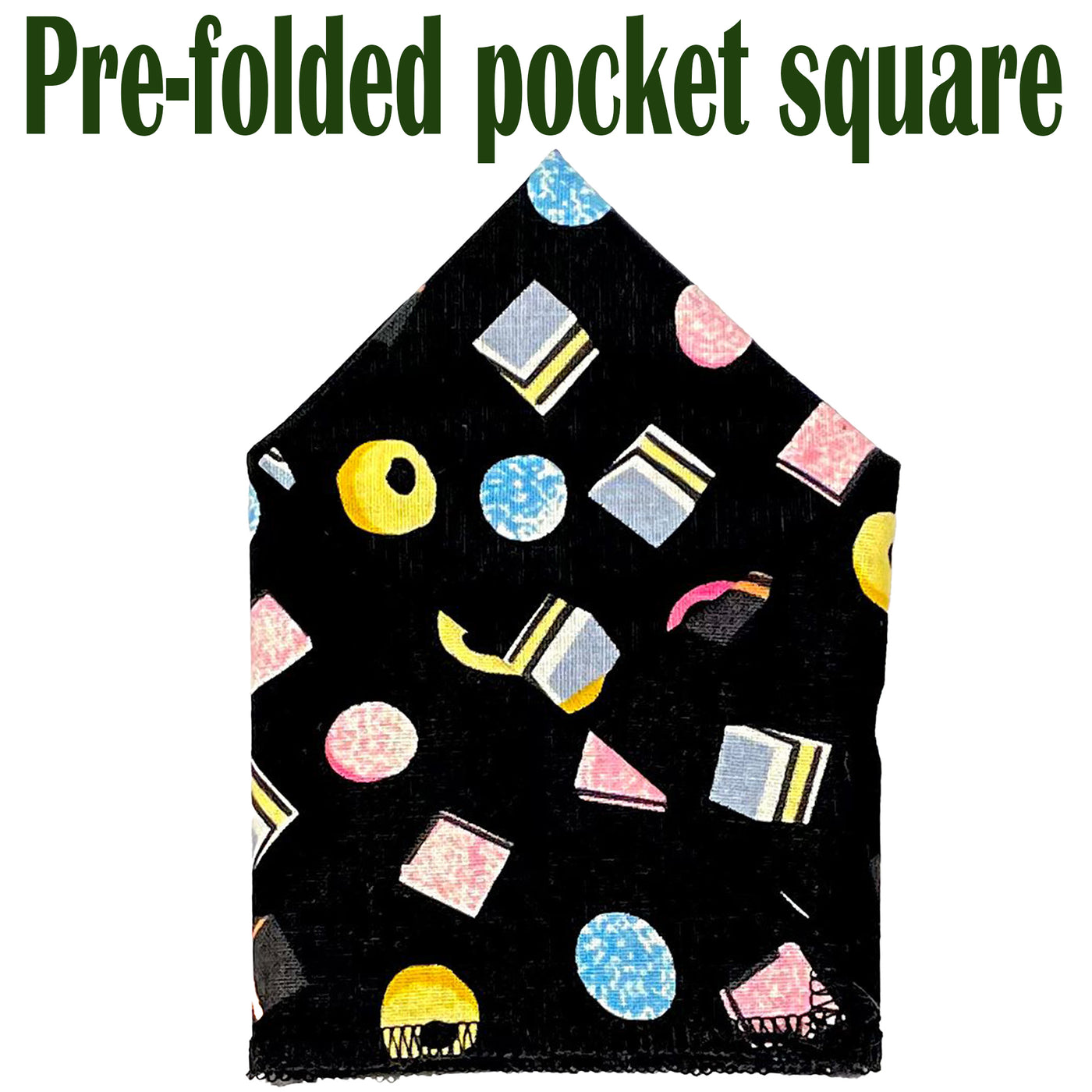 Great retro design with liquorice all sorts design on our handmade pre-folded pocket square.  The pocket square is ready to go, just pop it in your breast pocket. Handmade from 100% cotton
