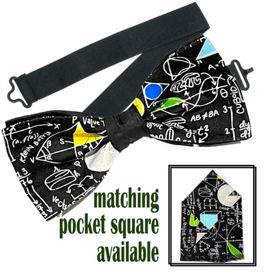 Mathematical design with maths symbols & equations on our pre-tied bow tie & pre-folded pocket square.  The bow tie is on a sliding ribbon to easily attach. The pocket square is  25cm x 25cm, pre-folded so just pop it straight in your pocket
