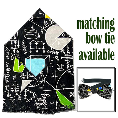 Mathematical design with maths symbols & equations on our pre-tied bow tie & pre-folded pocket square.  The bow tie is on a sliding ribbon to easily attach. The pocket square is  25cm x 25cm, pre-folded so just pop it straight in your pocket
