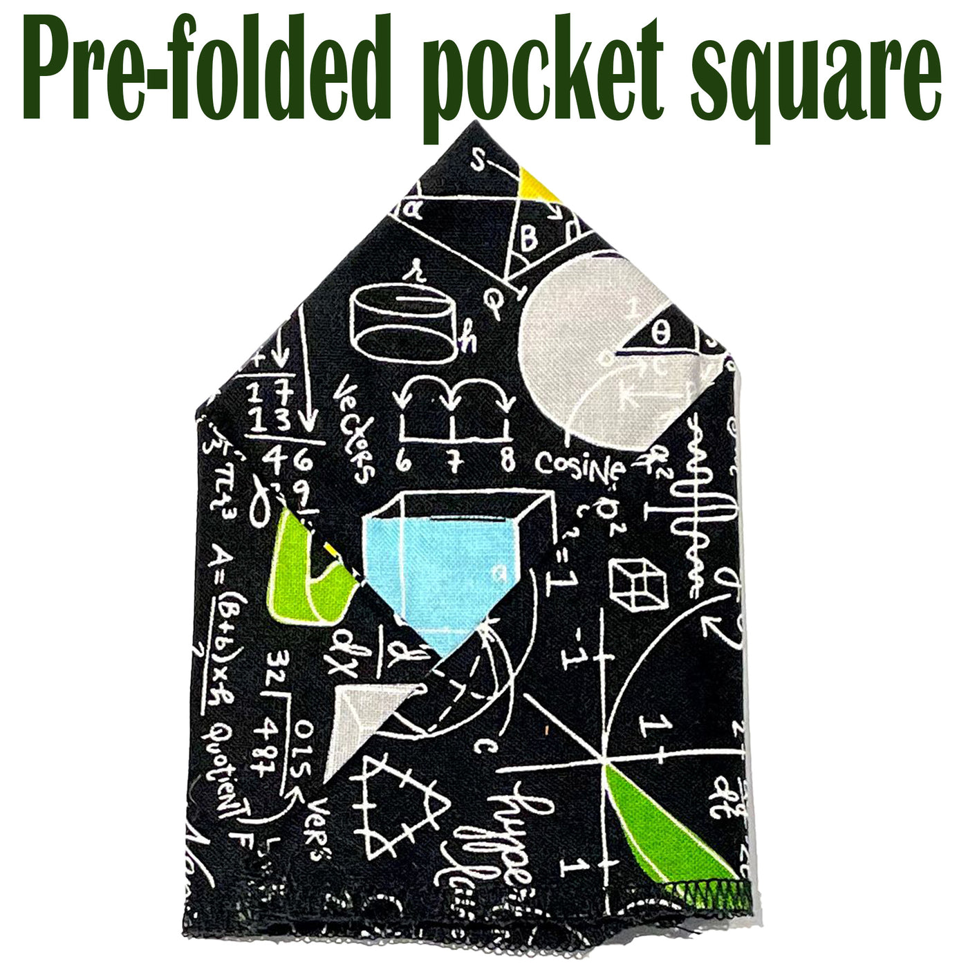 Mathematical design with maths symbols & equations on our pre-folded pocket square which is  25cm x 25cm, pre-folded so just pop it straight in your pocket. Handmade from 100% Cotton
