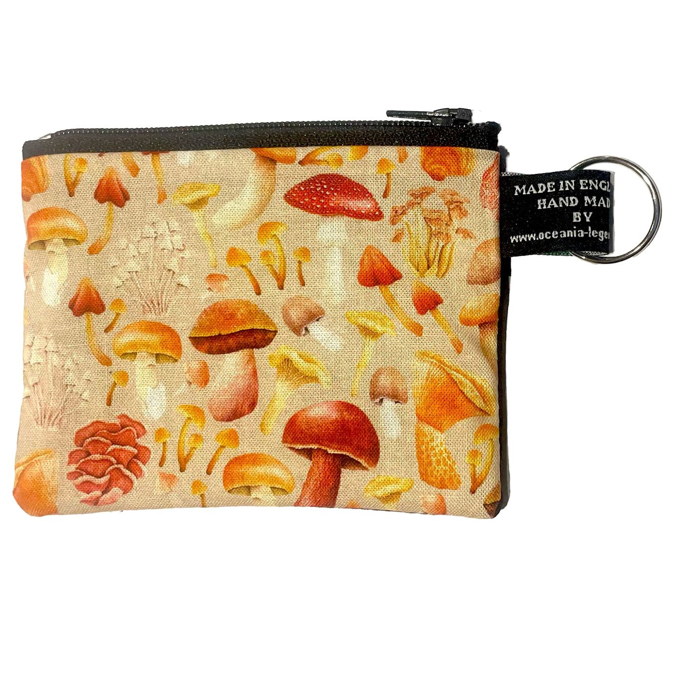 Mushrooms & toadstool design in autumnal colours on our zipped cotton purse handmade