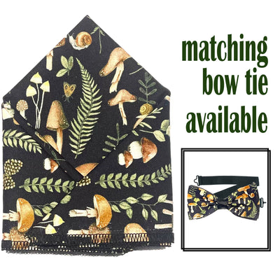 Lovely design,  black fabric with toadstools, snails, fungi, ferns & moths. Pre-tied bow tie & pre-folded pocket square.  The bow tie is on a sliding ribbon to attach easily. The pocket square is pre-folded for your pocket. Handmade from 100% cotton
