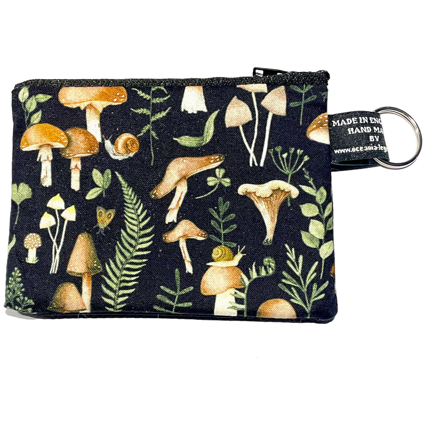 Mushroom & Toadstool cotton coin & card purse.  With moths, snails & foliage