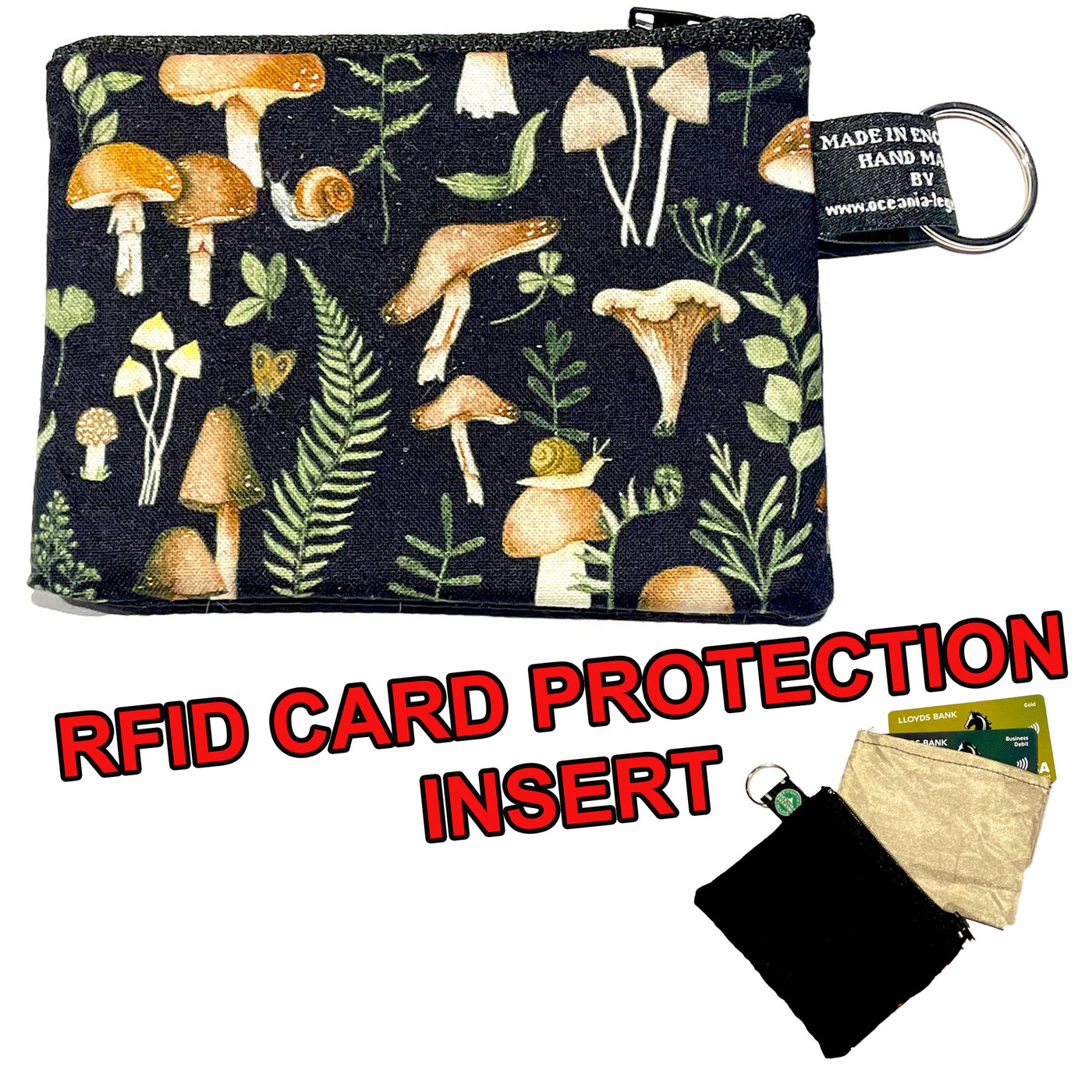 Mushroom & Toadstool cotton coin & card purse.  With moths, snails & foliage with RFID Insert to block card scanners