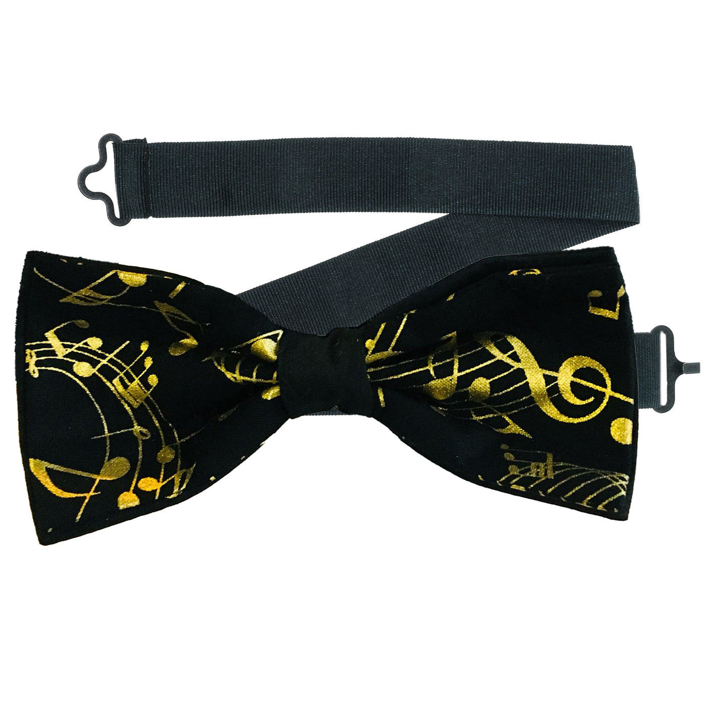 Black fabric with gold flowing musical note design handmade pre-tied bow tie which is on a sliding ribbon so you can easily place and attach.  There is also a crocodile clip which can be attached to turn it into a hair bow.  Handmade from 100% cotton
