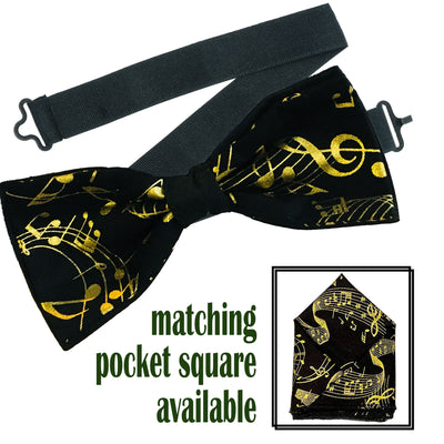 Black fabric with gold flowing musical note design handmade pre-tied bow tie & pre-folded pocket square.  The bow tie is on a sliding ribbon to easily place and attach. The pocket square is pre-folded for your pocket. Handmade from 100% cotton
