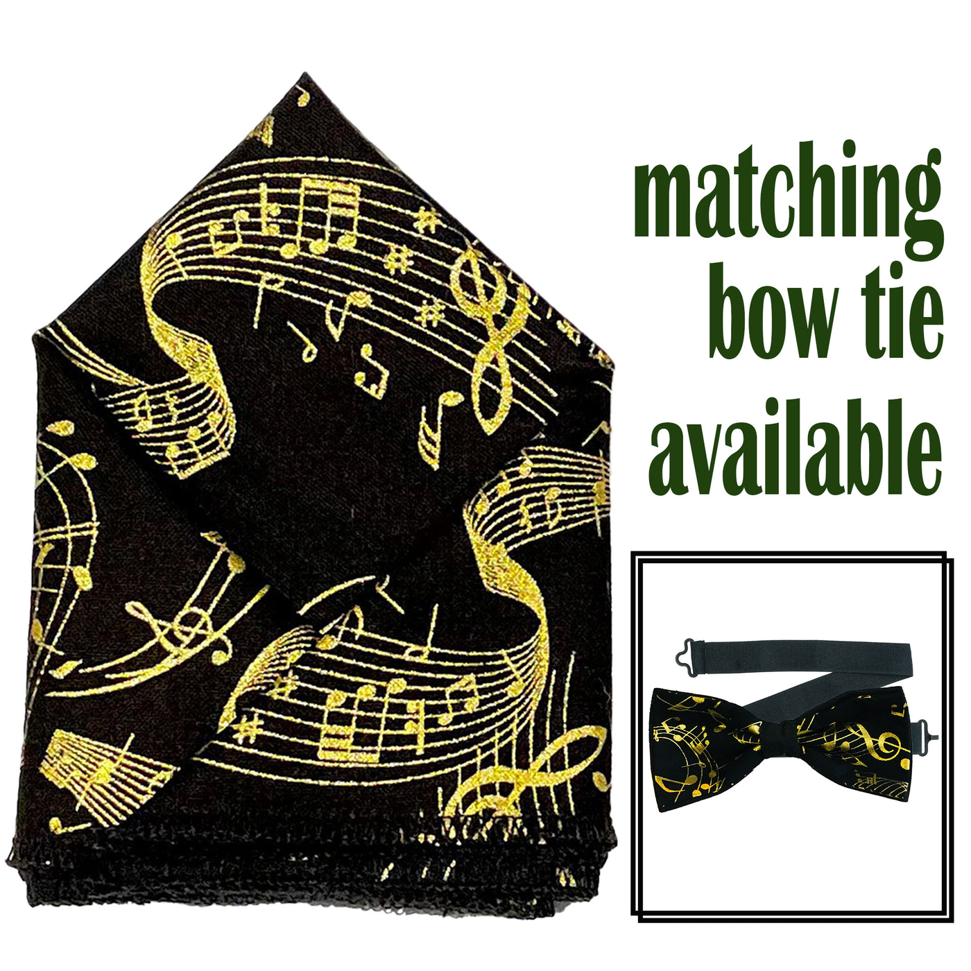 Black fabric with gold flowing musical note design handmade pre-tied bow tie & pre-folded pocket square.  The bow tie is on a sliding ribbon to easily place and attach. The pocket square is pre-folded for your pocket. Handmade from 100% cotton
