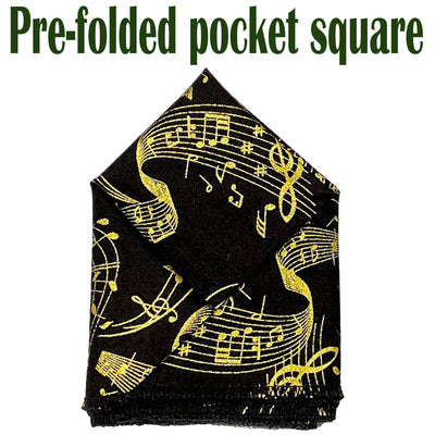 Black fabric with gold flowing musical note design handmade pre-folded pocket square.  The pocket square is pre-folded so you can simply pop it in your breast pocket. Handmade from 100% cotton
