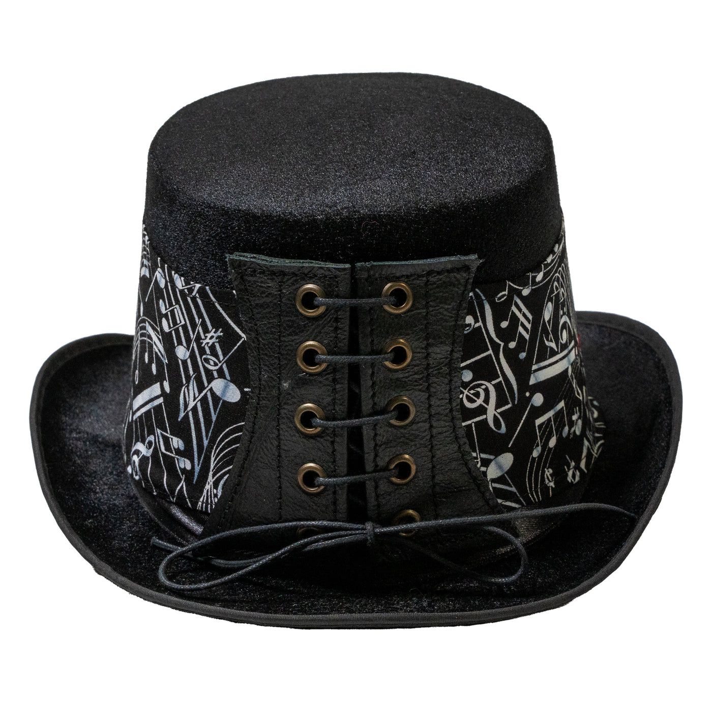 Felt style Top Hat  with a handmade corset style band with an overlapping design with music notes printed in white on black cotton fabric.  It is attached to the hat with a corset style leather band, tied with a bootlace criss crossed