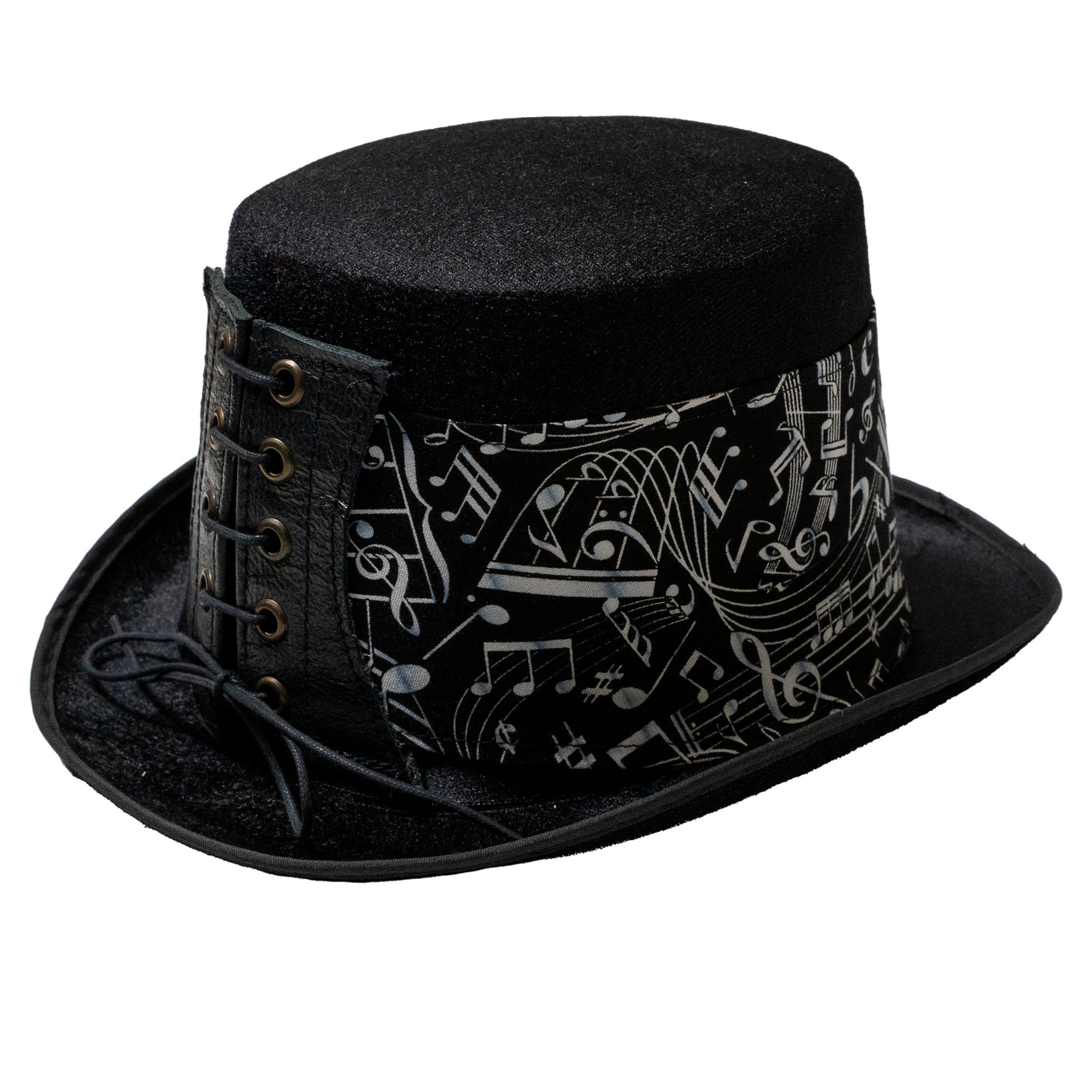 Felt style Top Hat  with a handmade corset style band with an overlapping design with music notes printed in white on black cotton fabric.  It is attached to the hat with a corset style leather band, tied with a bootlace criss crossed