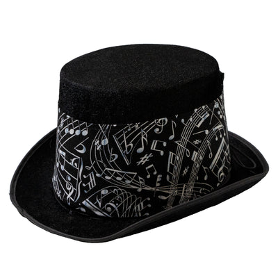 Felt style Top Hat  with a handmade corset style band with an overlapping design with music notes printed in white on black cotton fabric.  It is attached to the hat with a corset style leather band, tied with a bootlace criss crossed