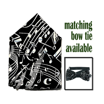 Perfect accessory for any musician, our pre-tied bow tie & pre-folded pocket square.  The bow tie is on a sliding ribbon to easily attach. The pocket square is approx. 25cm x 25cm, pre-folded so you can pop it straight in your breast pocket.
