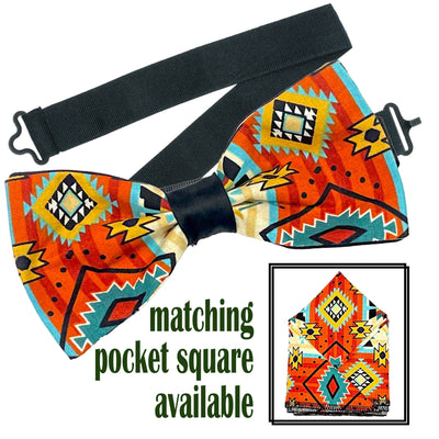 Navajo/Aztec inspired design in stripes of brown, turquoise & gold on our pre-tied bow tie & pre-folded pocket square. The bow tie is on a sliding ribbon to easily attach. The pocket square is  pre-folded so just pop it straight in your breast pocket
