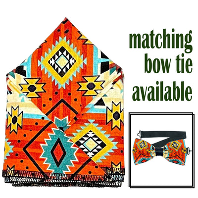 Navajo/Aztec inspired design in stripes of brown, turquoise & gold on our pre-tied bow tie & pre-folded pocket square. The bow tie is on a sliding ribbon to easily attach. The pocket square is  pre-folded so just pop it straight in your breast pocket
