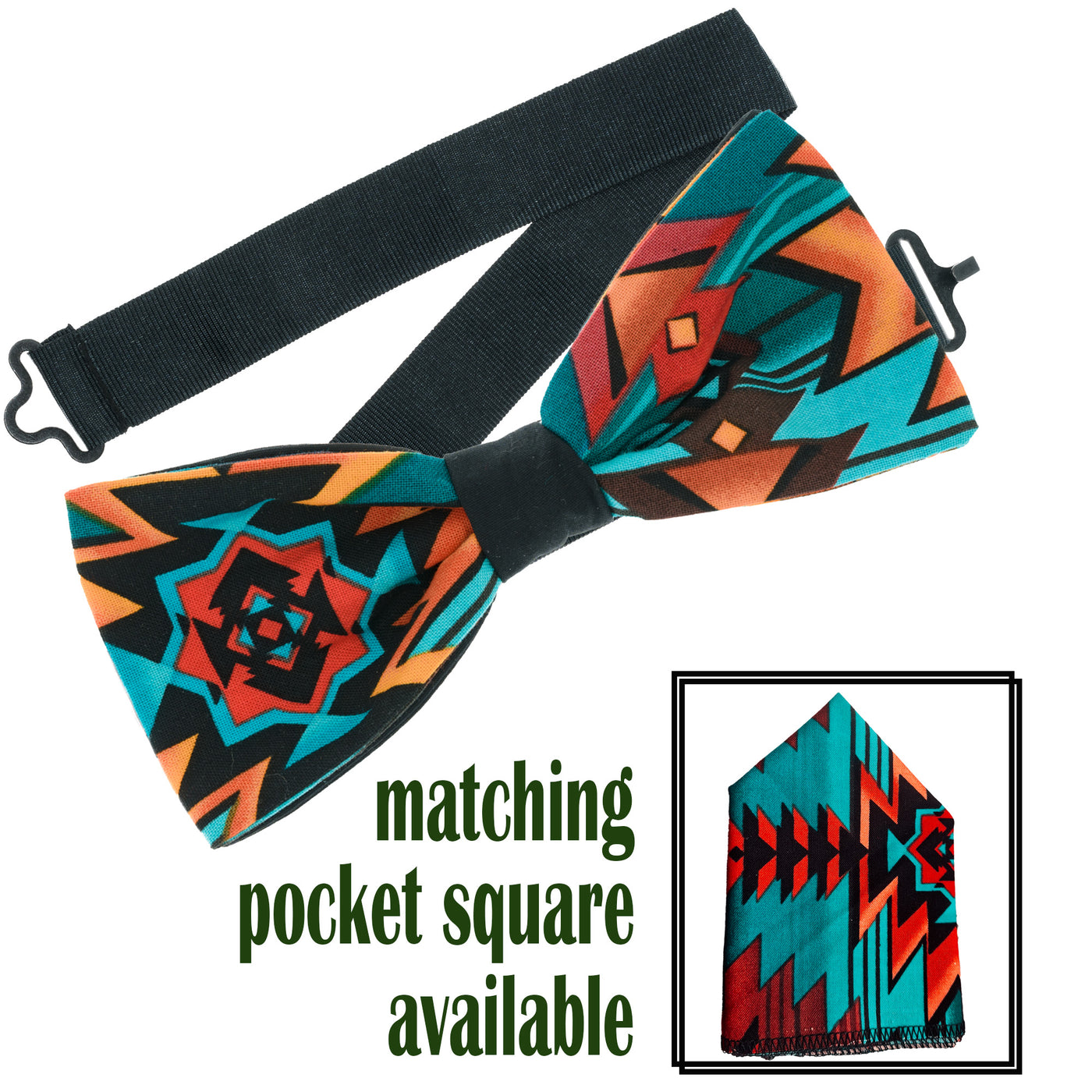 Navajo/Aztec inspired design in orange, turquoise, yellow & black fabric in our pre-tied bow tie & pre-folded pocket square. The bow tie is on a sliding ribbon to easily attach. The pocket square is  pre-folded so just pop it straight in your breast pocket
