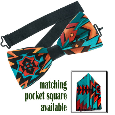 Navajo/Aztec inspired design in orange, turquoise, yellow & black fabric in our pre-tied bow tie & pre-folded pocket square. The bow tie is on a sliding ribbon to easily attach. The pocket square is  pre-folded so just pop it straight in your breast pocket
