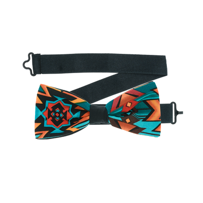 Navajo/Aztec inspired design orange, turquoise, yellow & black fabric in our pre-tied bow tie which is on a sliding ribbon to easily attach. The pocket square is  25cm x 25cm, pre-folded just pop it straight in your breast pocket Handmade from 100% Cotton
