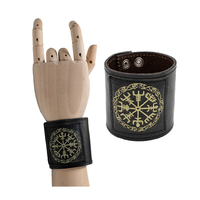 Black leather wristband with a Viking Nordic compass design embroidered in olive green.  Attached with strong press studs. Great rock/punk/biker accessory