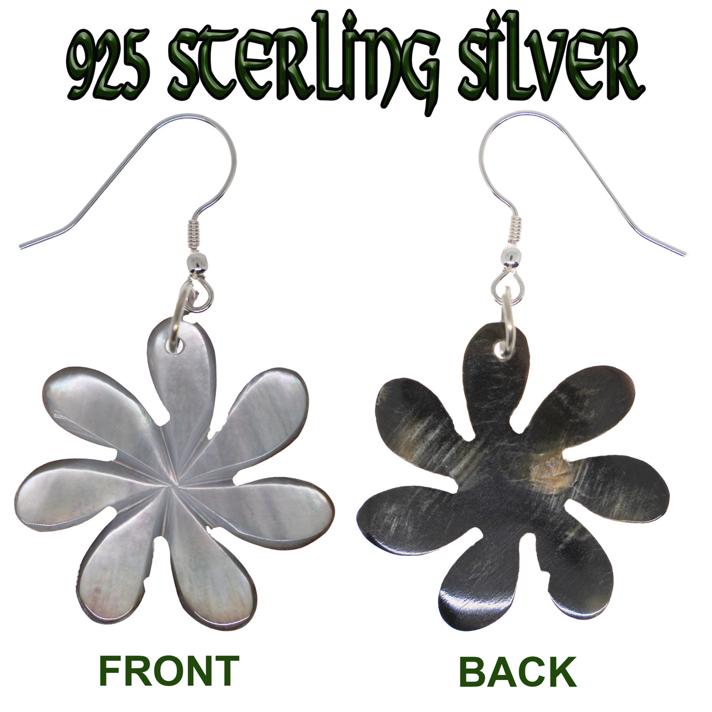 Black Oyster Shell Flower Earrings -  .925 sterling silver