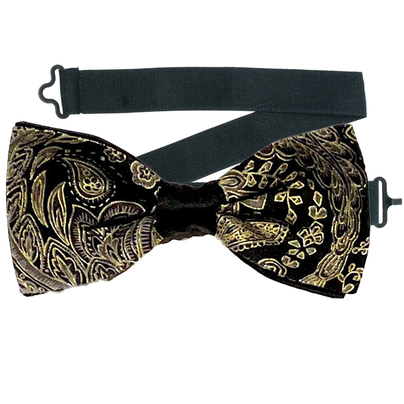 Elegant Paisley design, gold & grey design printed on black fabric. Handmade pre-tied bow tie.  The bow tie is on a sliding ribbon to place and attach easily. Handmade from 100% Cotton
