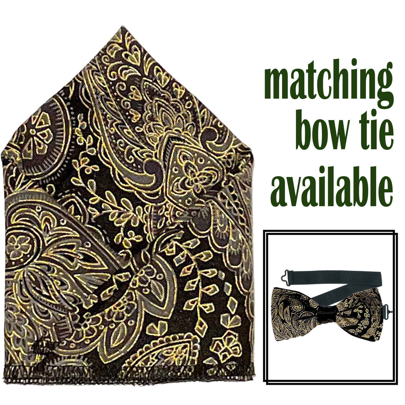 Elegant Paisley design, gold & grey design printed on black fabric. Handmade bow tie & pocket square.  The bow tie is on a sliding ribbon. The pocket square is  25 cmx 25 cm, pre-tied so just pop it straight in your pocket. Handmade from 100% Cotton
