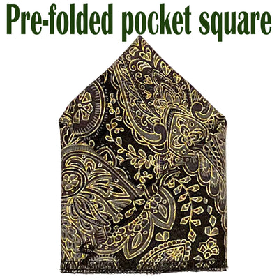 Elegant Paisley design, gold & grey design printed on black fabric on our pre-folded pocket square which is  25cm x 25cm, pre-folded so just pop it straight in your pocket. Handmade from 100% Cotton
