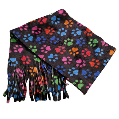 Bright multicoloured paw prints on black fleece fabric in our handmade scarf, approximately 180cm x 28cm with a fringed edge
