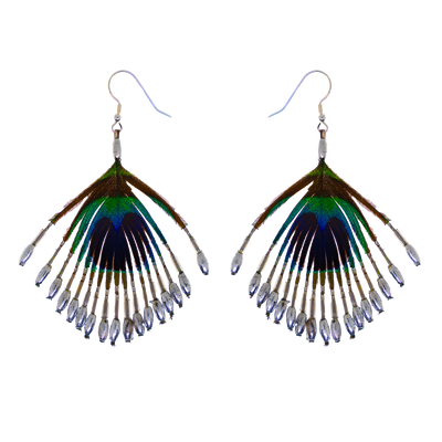 Real Peacock Feather Earrings -  .925 sterling silver