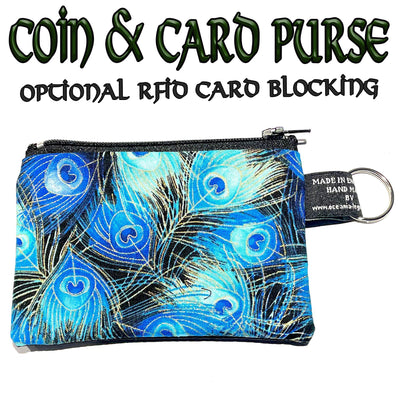 Beautiful peacock eye feather design on our handmade cotton coin & card purse in glorious shades of blues & greens with hints of gold