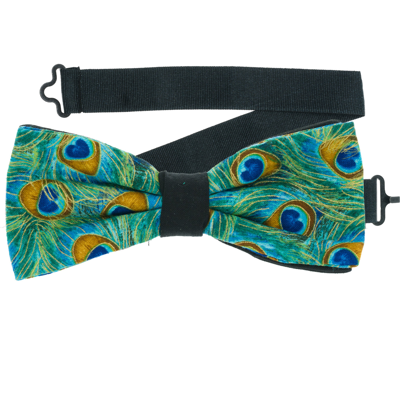 Peacock Eye Feather design, with bright overlapping peacock feather eyes.  Our handmade pre-tied bow tie is on a sliding ribbon to easily attach.  Handmade from 100% cotton.
