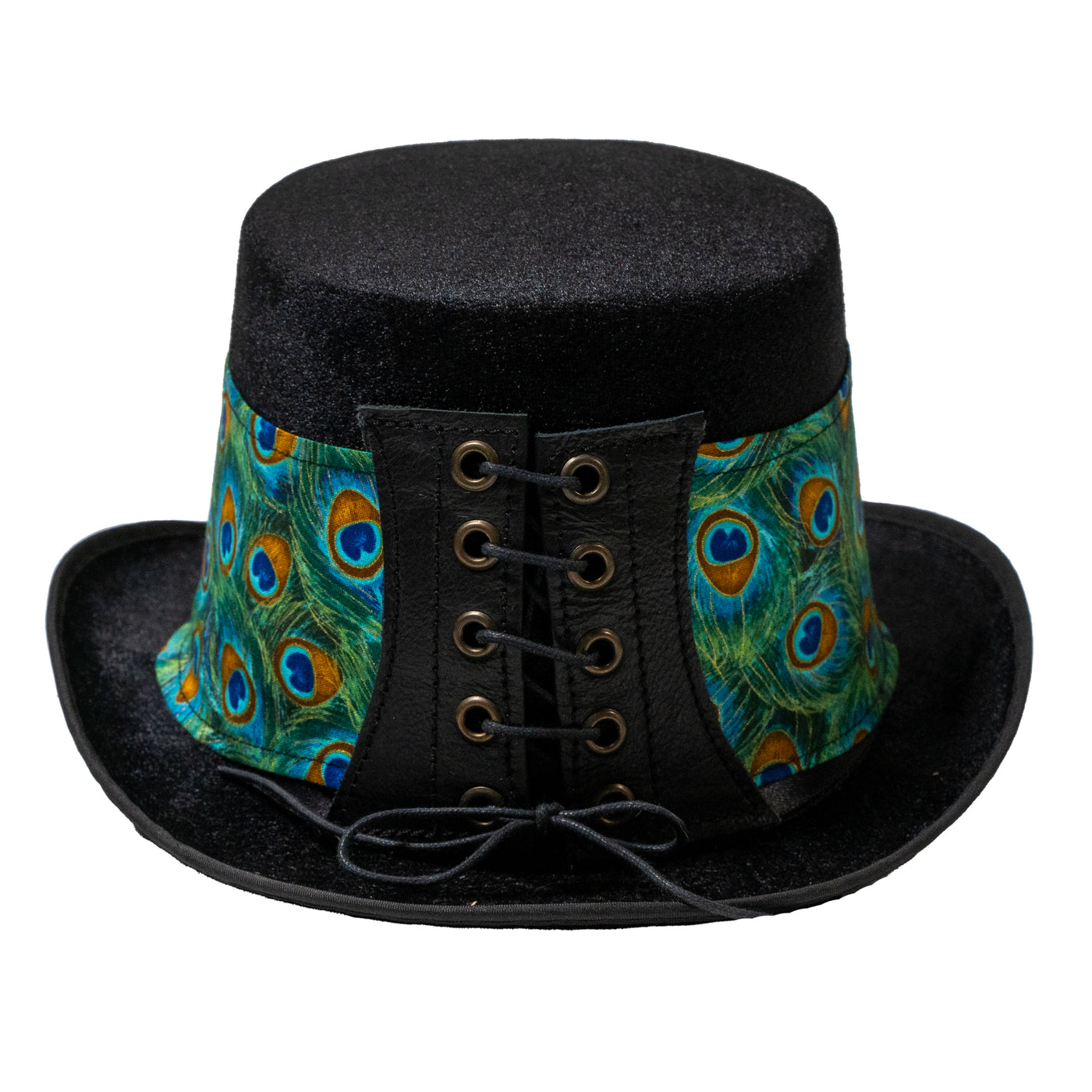 Felt style Top Hat  with a handmade corset style band with an overlapping design of peacock feather eyes in cotton fabric.  It is attached to the hat with a corset style leather band, tied with a bootlace criss crossed