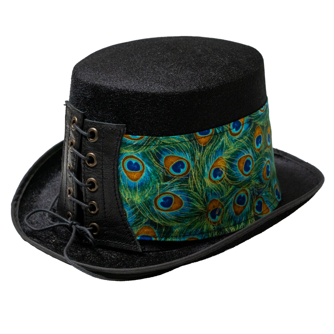 Felt style Top Hat  with a handmade corset style band with an overlapping design of peacock feather eyes in cotton fabric.  It is attached to the hat with a corset style leather band, tied with a bootlace criss crossed