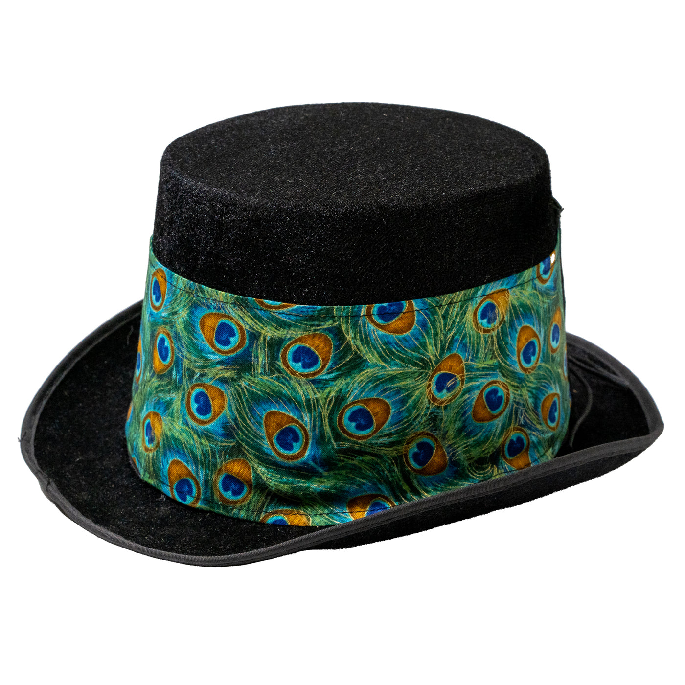 Felt style Top Hat  with a handmade corset style band with an overlapping design of peacock feather eyes in cotton fabric.  It is attached to the hat with a corset style leather band, tied with a bootlace criss crossed