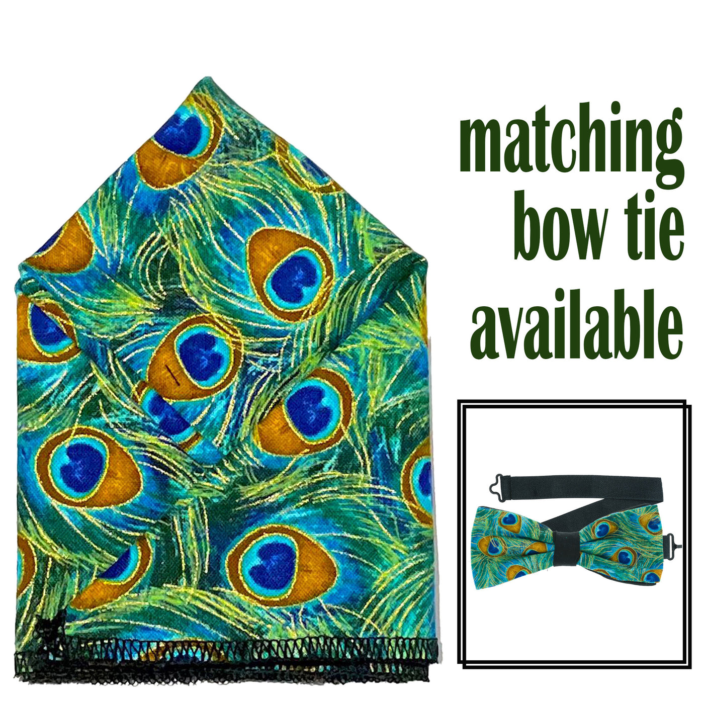 Peacock Eye Feather design, with bright overlapping peacock feather eyes.  Pre-tied bow tie & pre-folded pocket square.  The bow tie is on a sliding ribbon to easily attach. The pocket square is pre-folded for your pocket. Handmade from 100% cotton.
