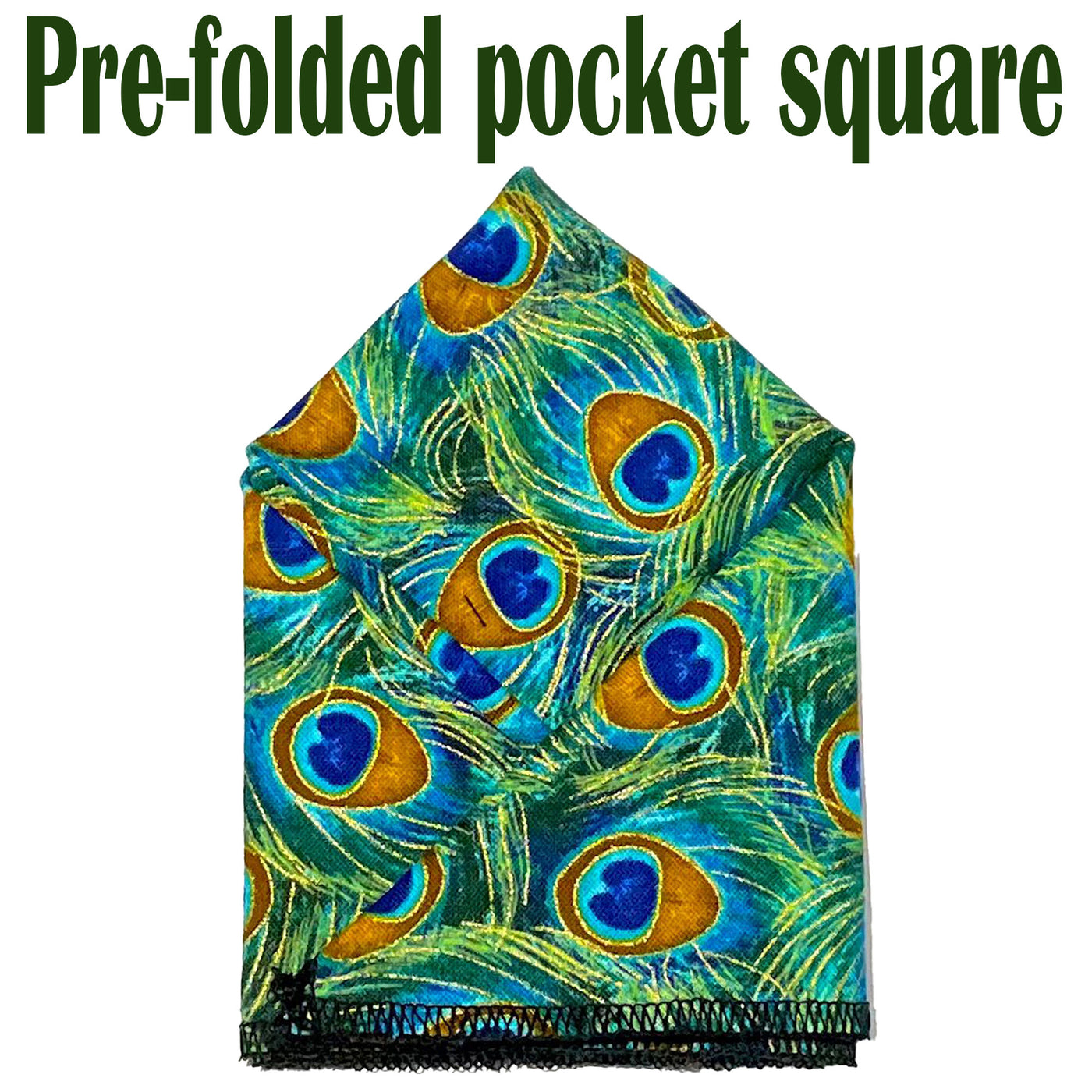 Peacock Eye Feather design, with bright overlapping peacock feather eyes.  Our handmade pre-folded pocket square is ready to pop straight in your breast pocket. Handmade from 100% cotton.
