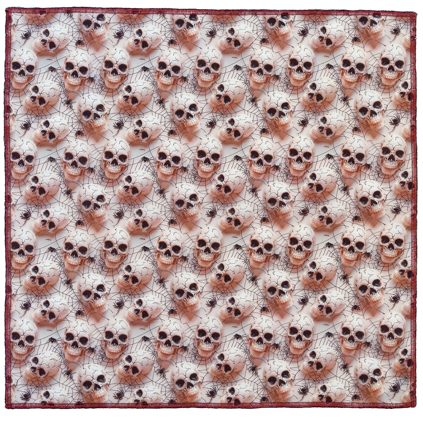 Perfect for halloween, skulls and spider webs printed in a 3D effect on light pink fabric. Handmade square bandana approx. 21.5" x 21.5" machine washable 100% cotton
