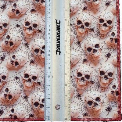 Perfect for halloween, skulls and spider webs printed in a 3D effect on light pink fabric. Handmade square bandana approx. 21.5" x 21.5" machine washable 100% cotton
