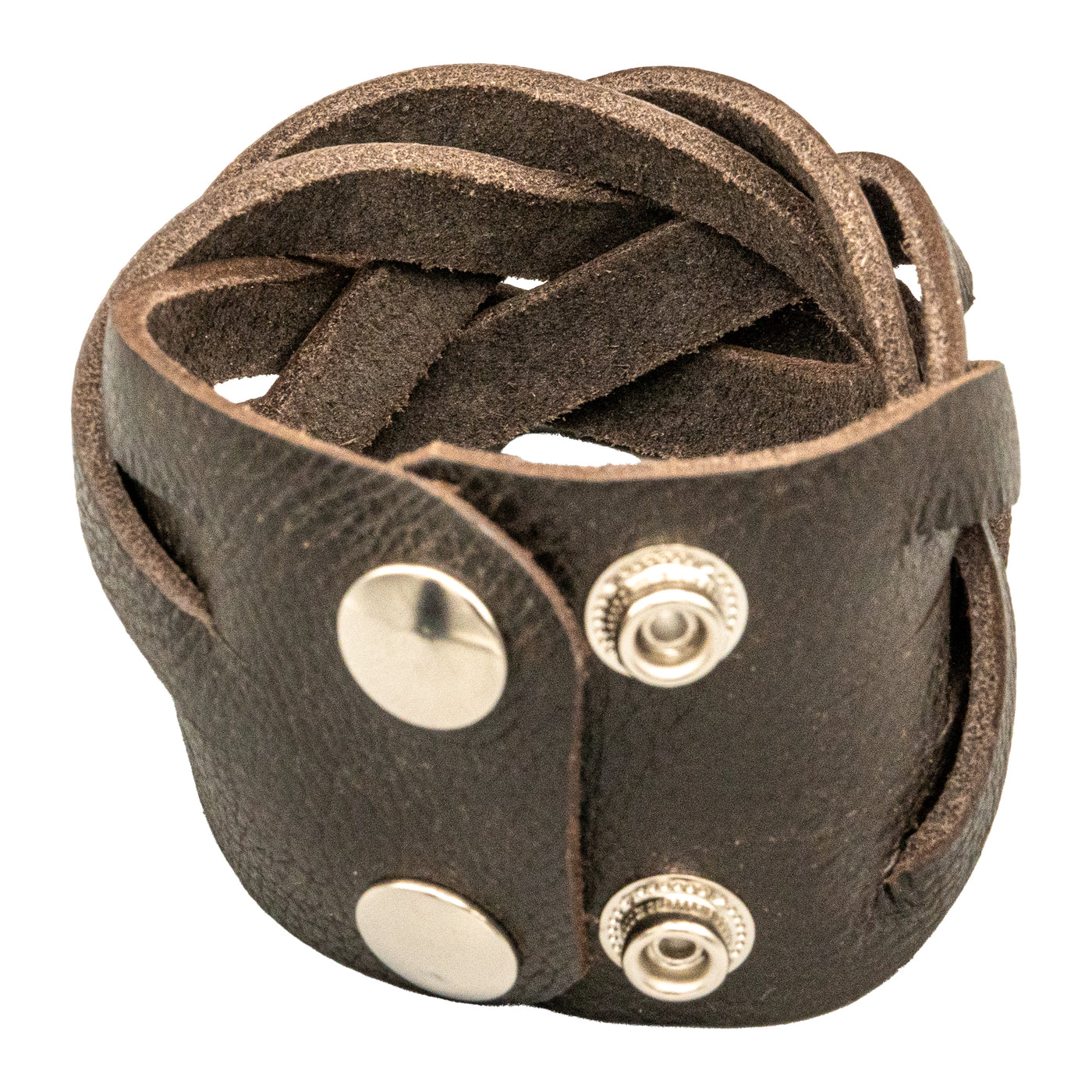 Brown Leather wristband plaited by hand with a 5 strip plait.  The wristband/wrist protector is secured with 2 press studs.  There are 2 size positions.
