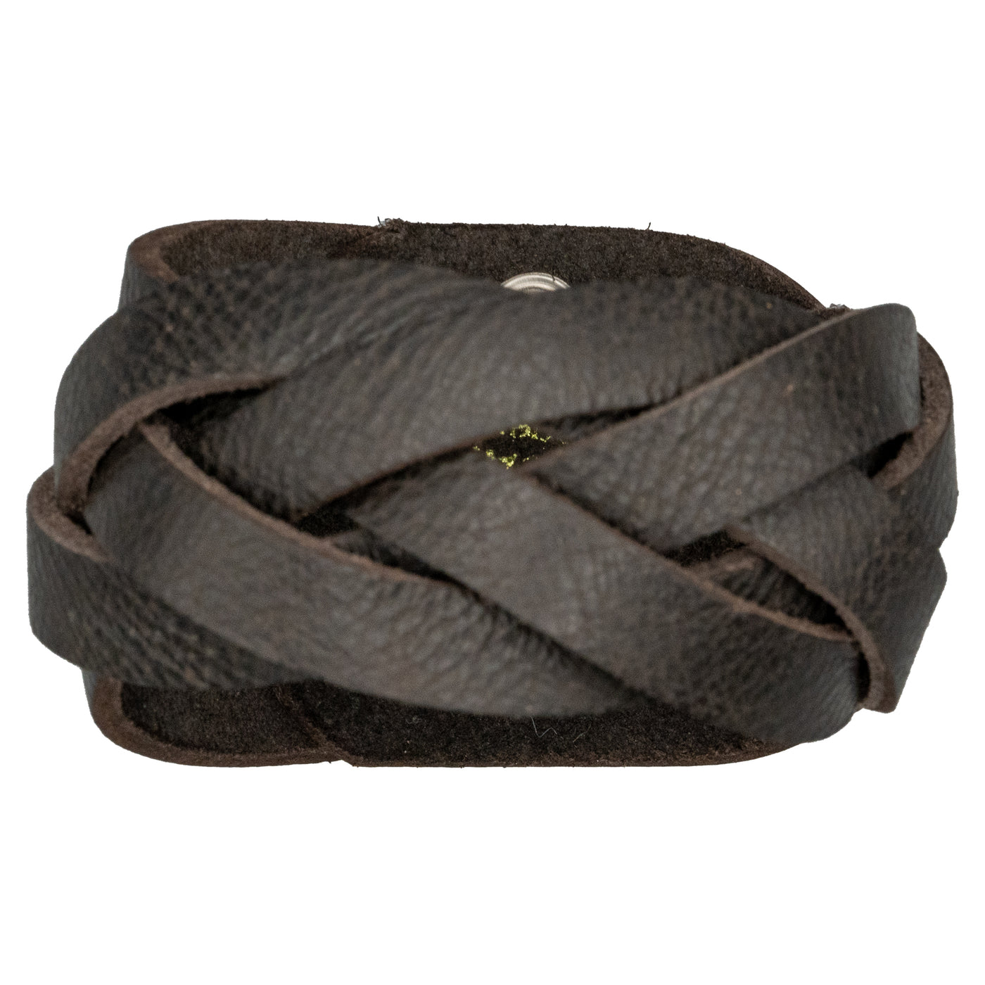 Brown Leather wristband plaited by hand with a 5 strip plait.  The wristband/wrist protector is secured with 2 press studs.  There are 2 size positions.
