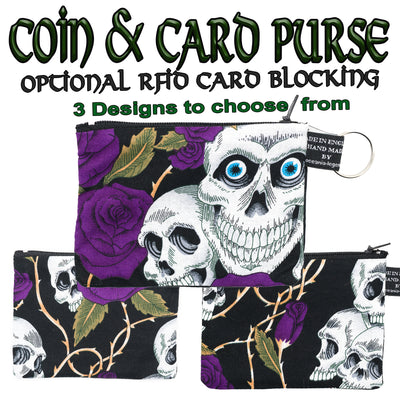 Purple Rose & Skull zipped cotton purse, 3 designs to choose from