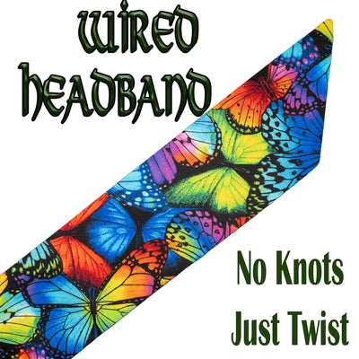 Beautiful butterflies all overlapped, in bright rainbow colours.  Handmade wired headband made from 100% cotton.  No knots required, just wrap around your head and twist the band to secure in place.  You can either wear it as a flat band or with a knot at the front or the side.
