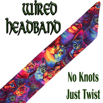 Beautiful cats all overlapped, in bright rainbow colours.  Handmade wired headband made from 100% cotton.  No knots required, just wrap around your head and twist the band to secure in place.  You can either wear it as a flat band or with a knot at the front or the side.
