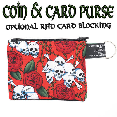 Skull & Crossbones with roses design on our handmade zipped cotton coin & card purse, with optional RFID Blocker