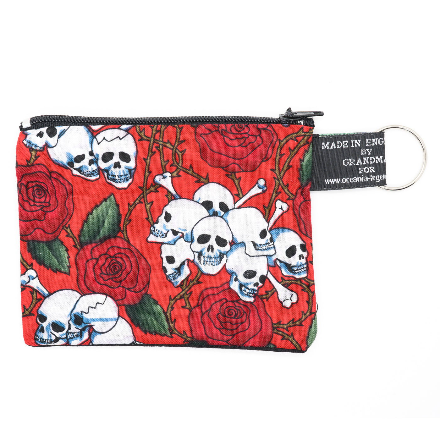 Skull & Crossbones with roses design on our handmade zipped cotton coin & card purse, with optional RFID Blocker