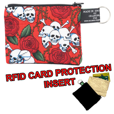 Skull & Crossbones with roses design on our handmade zipped cotton coin & card purse, with RFID Blocker