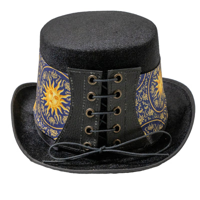 Felt style Top Hat  with a handmade corset style band the design is of a sun inside a circle with detailing all around in cotton fabric.  It is attached to the hat with a corset style leather band, tied with a bootlace cord criss crossed