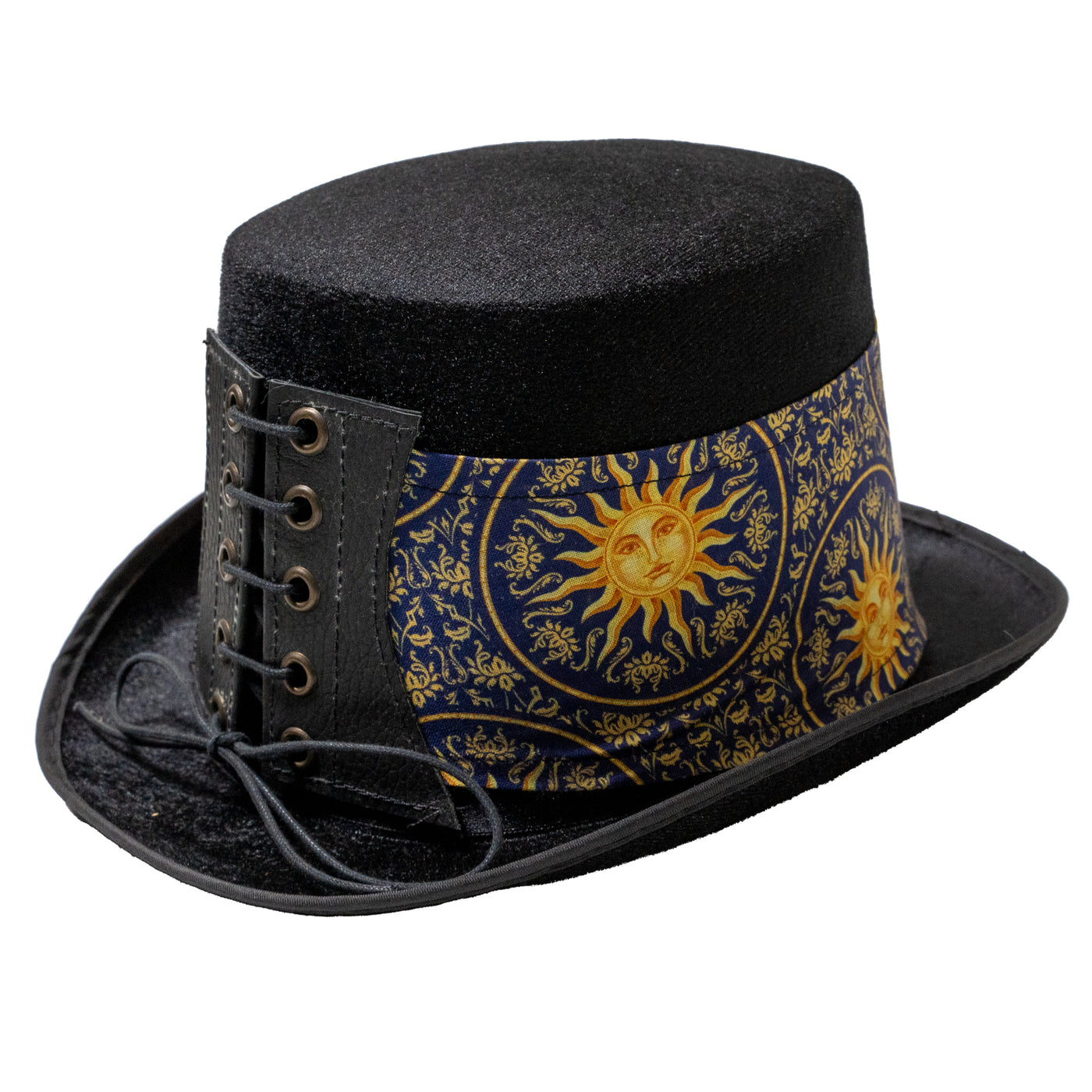 Felt style Top Hat  with a handmade corset style band the design is of a sun inside a circle with detailing all around in cotton fabric.  It is attached to the hat with a corset style leather band, tied with a bootlace cord criss crossed