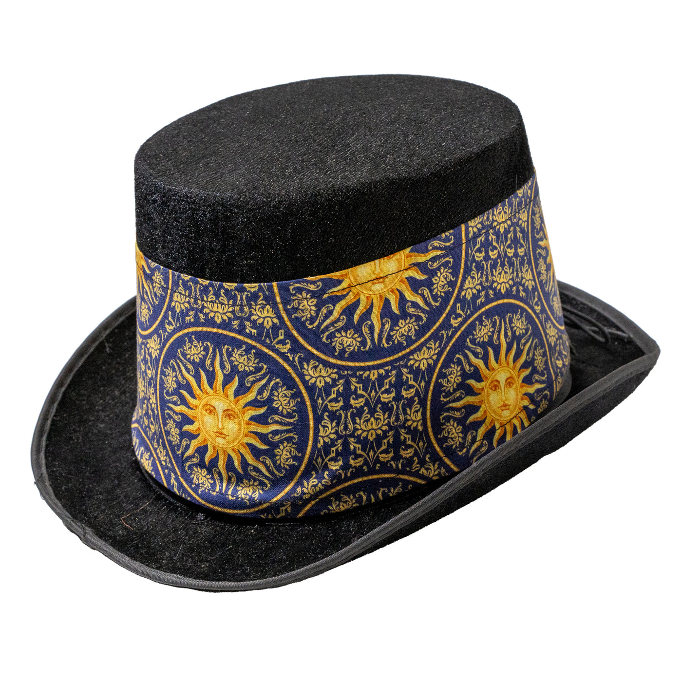 Felt style Top Hat  with a handmade corset style band the design is of a sun inside a circle with detailing all around in cotton fabric.  It is attached to the hat with a corset style leather band, tied with a bootlace cord criss crossed